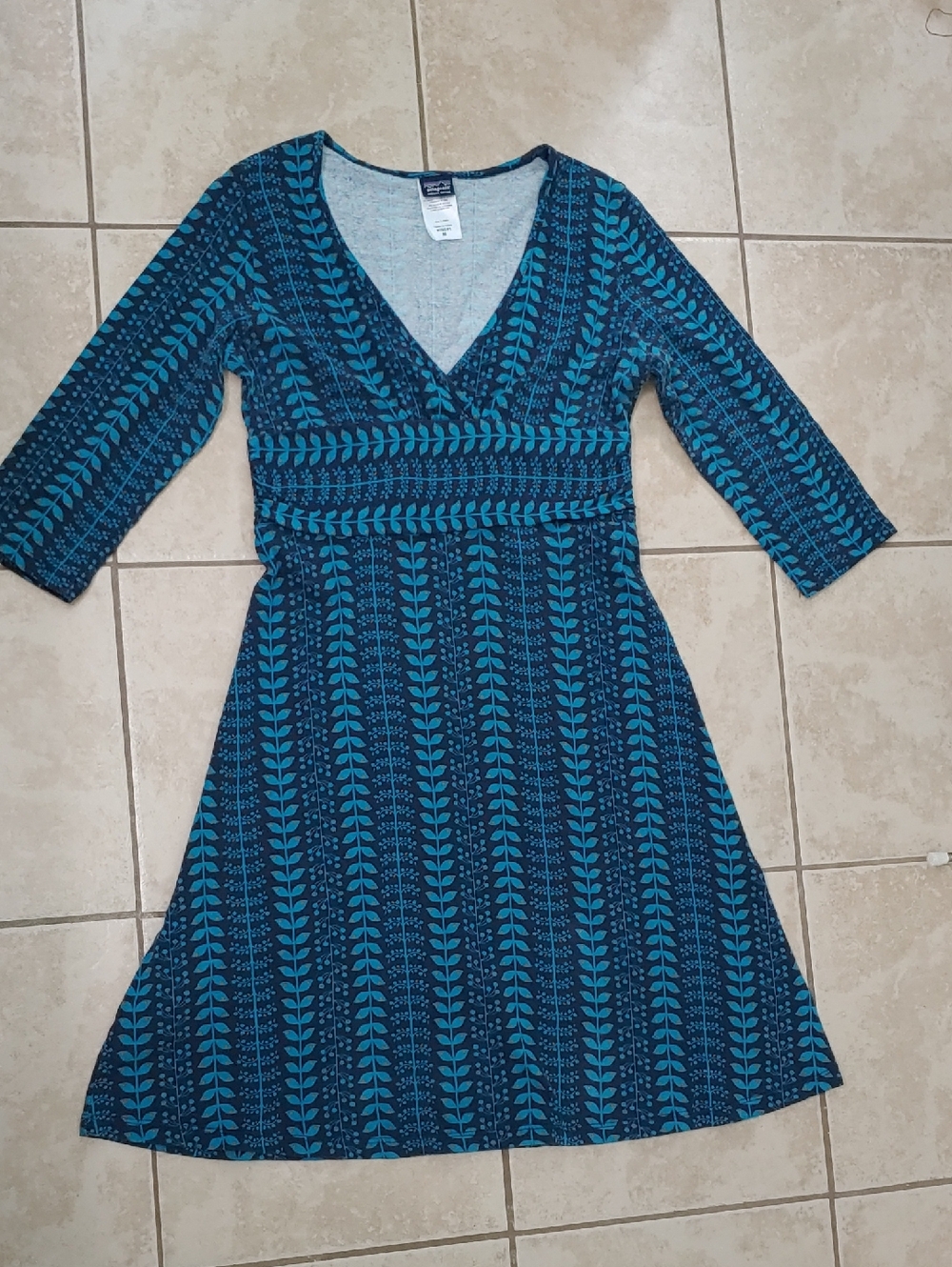 Patagonia Organic Cotton Dress Blue Botanical 3/4 Sleeves Women's Size M